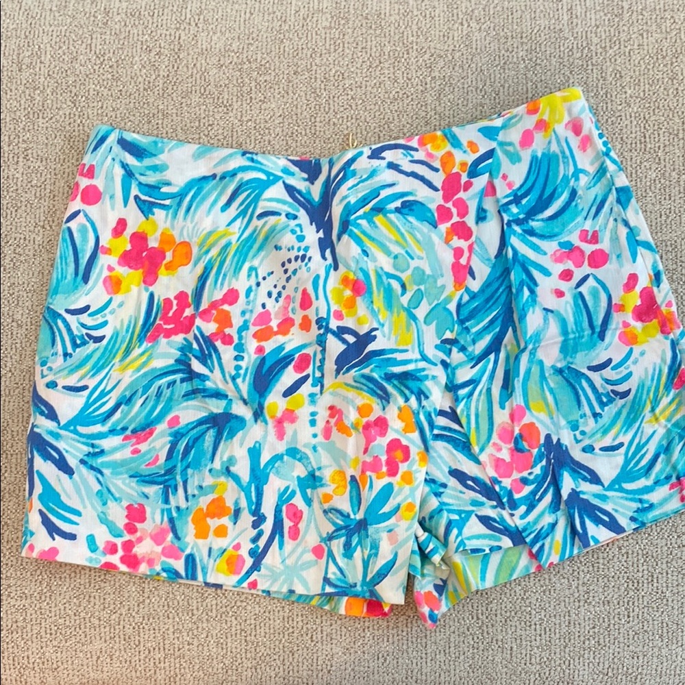 Lilly Pulitzer Tropical Floral Palm Print Shorts in Blue, Pink, Yellow